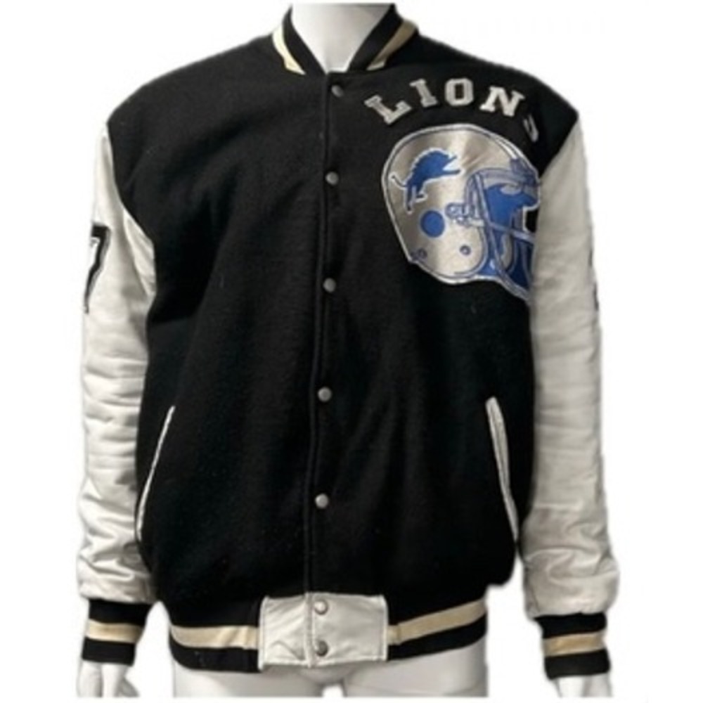 Detroit Lions Varsity Jacket Mens Black White Wool Leather Bomber NFL Football